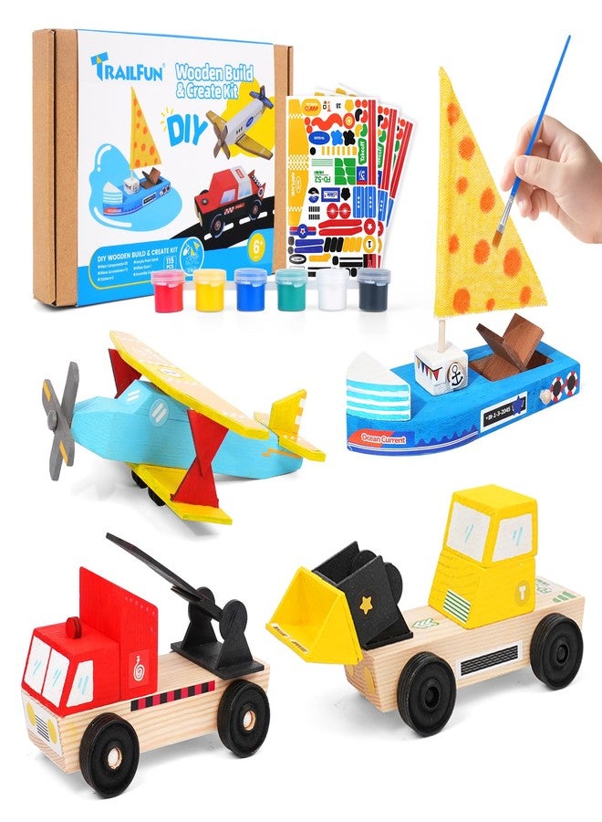 trailfun Wooden Build Paint Art Crafts Kit, Make Your Own Car Boat & Plane DIY Craft Toys for Kids Boys, STEM Educational Toy Set - Image 1